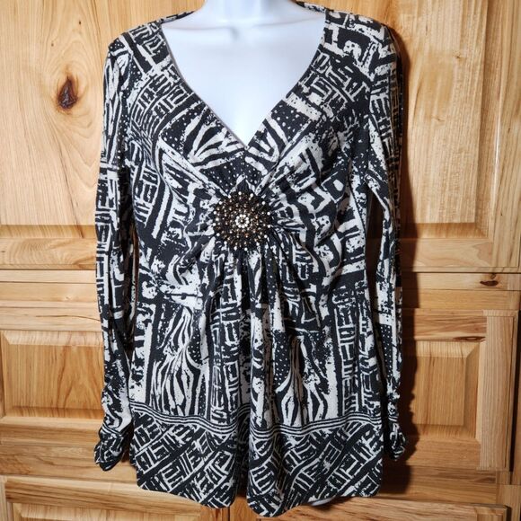 ECI New York Women’s V-Neck Long Sleeve Top Size Small | Cinched Sleeve Blouse - Picture 1 of 7